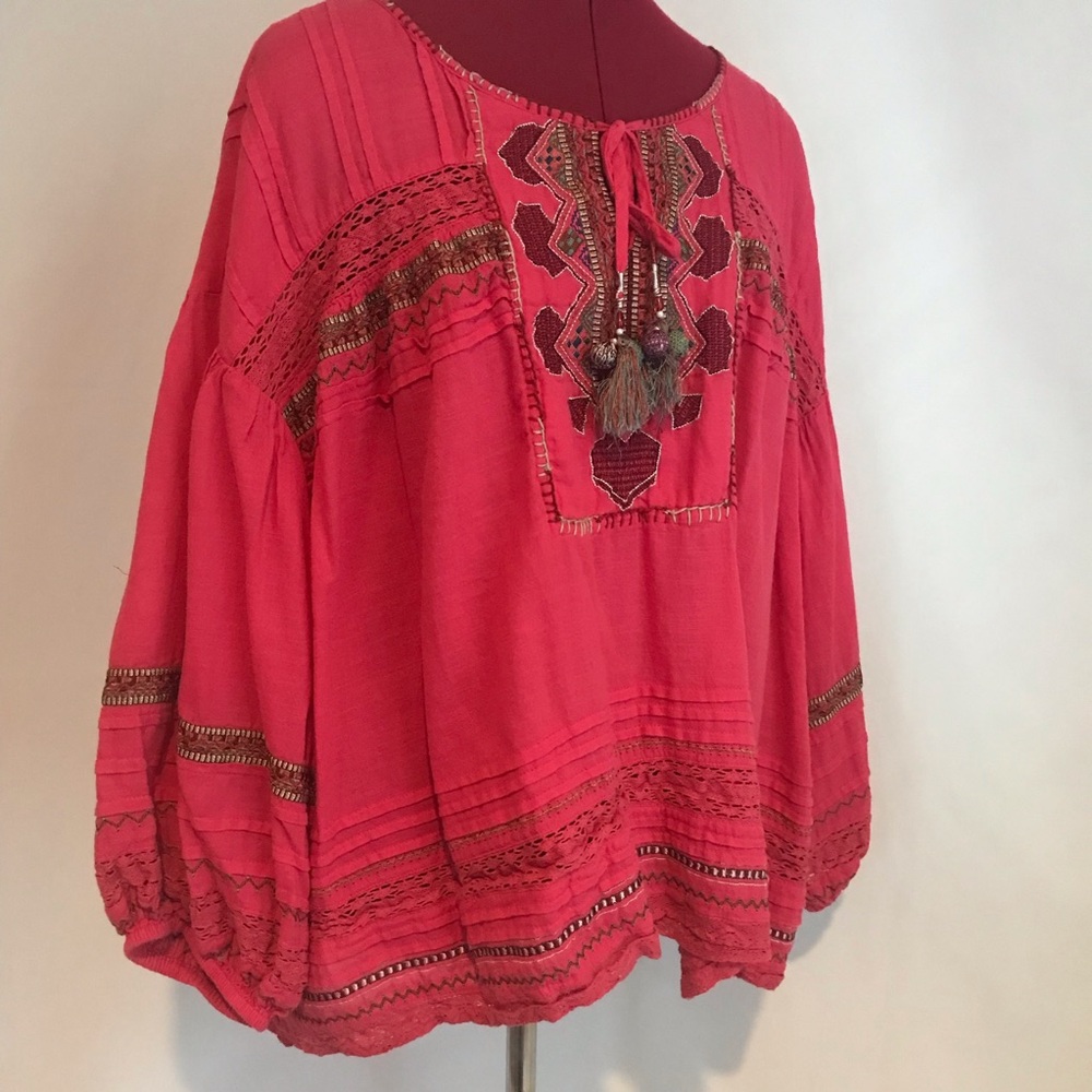 Sundance Coral Red Embroidered Boho Blouse - Picture 4 of 13